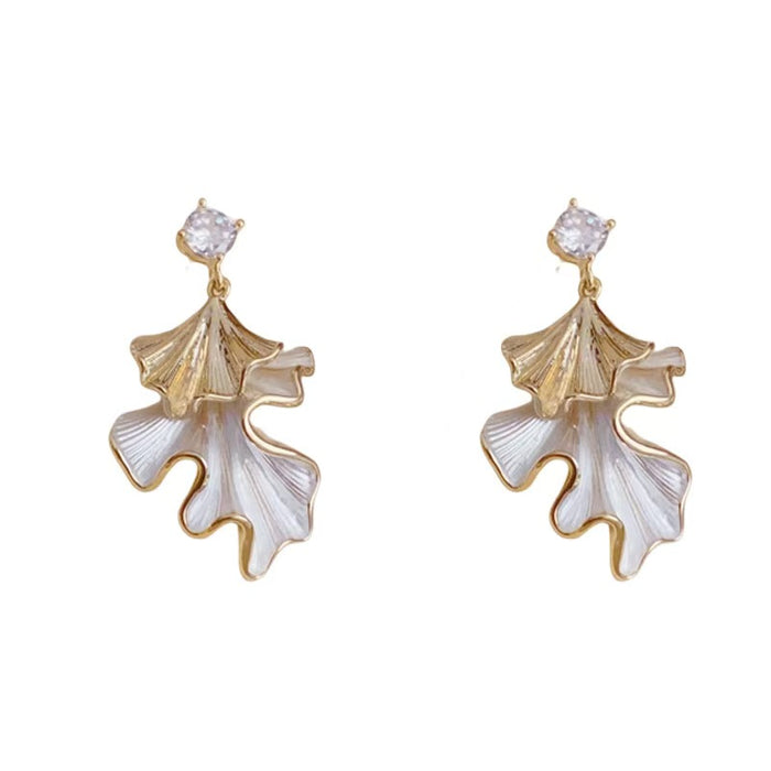 Sterling Silver Needle Leaf Shape Earrings For Women Elegant Cubic Zirconia Enamel Metal Two Tone