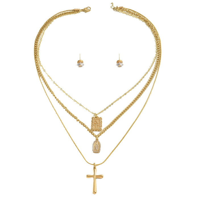New Cross-border European American Women Jewelry Set, Unique Cross Multi-Layer Design Clavicle Necklace & Matching Ear Accessories, Versatile Daily Neck Ear Jewelry