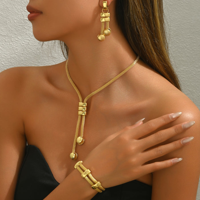 European American Cross-border Women Jewelry Set, 18K Gold Plated Long Geometric Tassel Necklace & Drop Earrings With Matching Niche Bracelet, Versatile Daily Accessories
