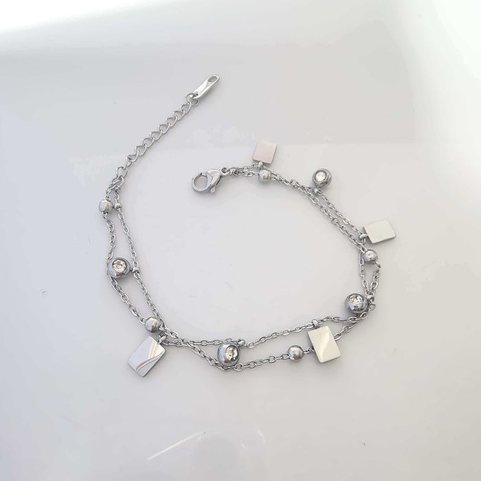 Double-layer Stacked Stainless Steel Diamond-encrusted Bracelet, Light Luxury Square-shaped Studded Rhinestone Women's Jewelry, Niche Accessory That Is Not Easy To Fade