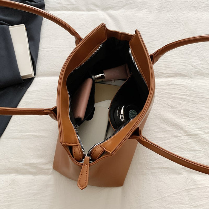 Womens Versatile High-capacity Tote Solid-color Handbag Vintage Underarmshoulder Bag