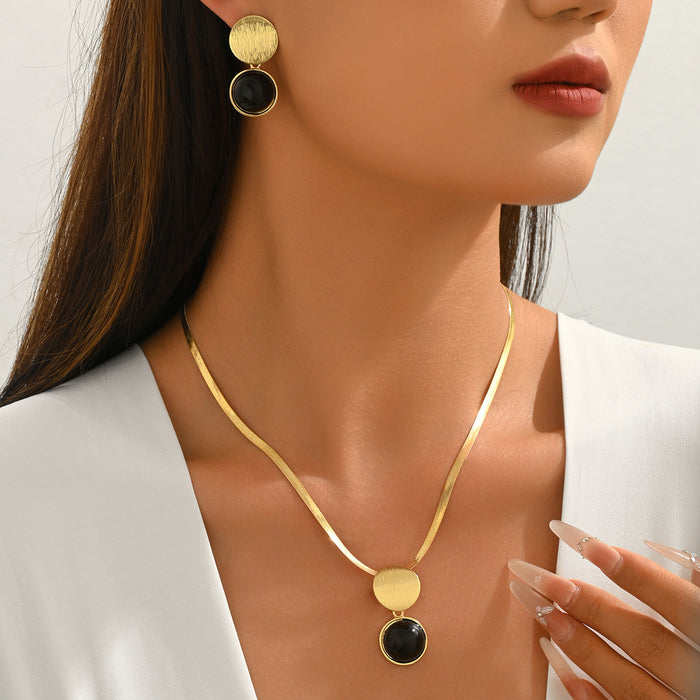 European American Fashion Women Jewelry Set, Unique Interlocking Ring Pearl Inlaid Earrings & Versatile Snake Bone Chain Geometric Clavicle Necklace, Daily Fashion Accessories
