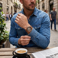 Openwork Mechanical Wooden Watch worn by model - lifestyle