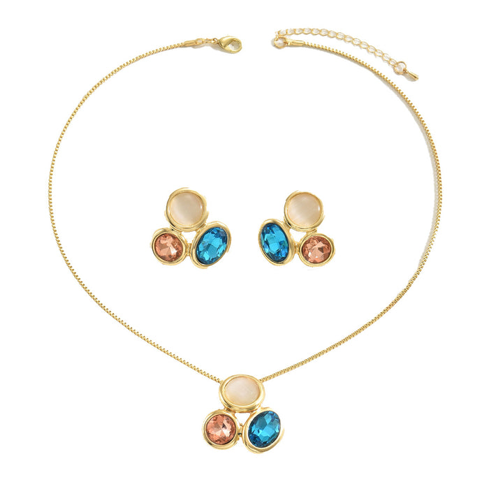 Ins Niche Japanese Korean Style Women Jewelry Set, Long Forest Vibe Clavicle Necklace & Matching Earrings Inlaid Multicolor Cubic Zirconia, Versatile Daily Neck Ear Accessories