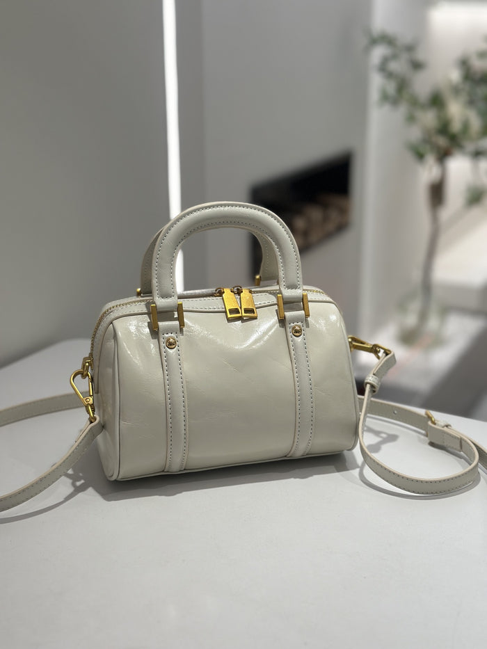 Genuine Leather Women's Bag, High-end Boston Style, Top-layer Cowhide Small Bag, Crossbody And Shoulder Bag, Oil Wax Leather Handbag