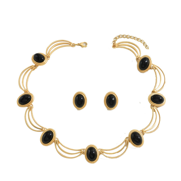 Cross-border European American Vintage Court Style Women Jewelry Set, Retro Inlaid Cubic Zirconia Long Clavicle Necklace & Matching Earrings, Premium Texture Versatile Neck Ear Accessories