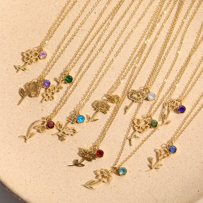 Minimalist December Flower Necklace With Birthstone, Titanium Steel, For Women