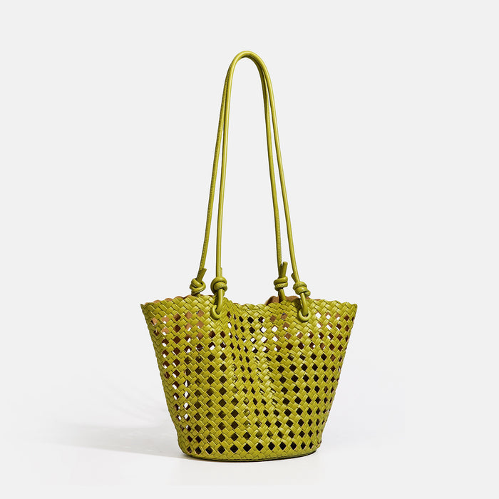 Fashionable Hollow-Out Knitted Soft Leather Casual Handheld Shoulder Bucket Bag For Women