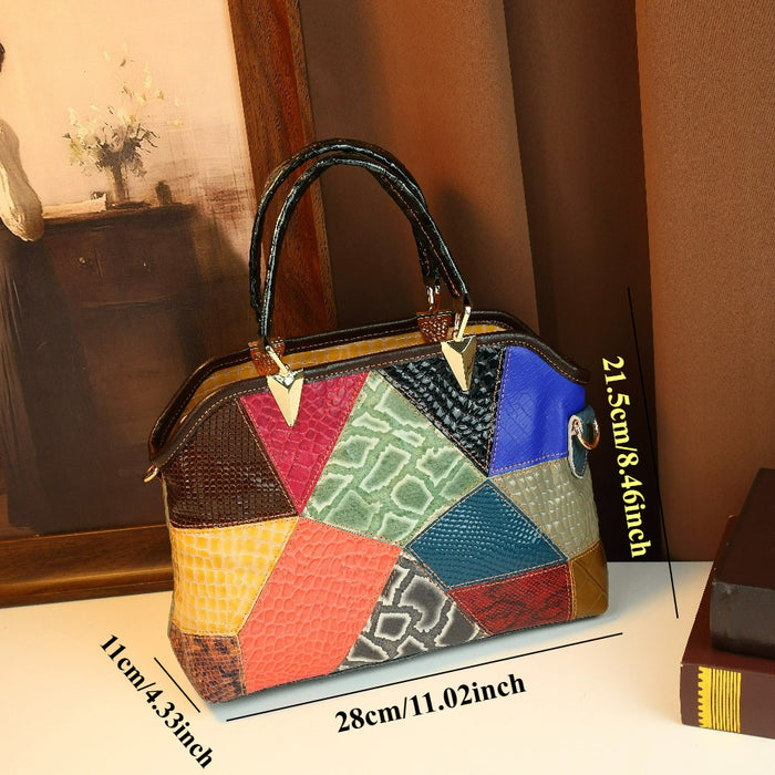 Retro Color-Block Patchwork Genuine Leather Large-Capacity Shoulder Handbag