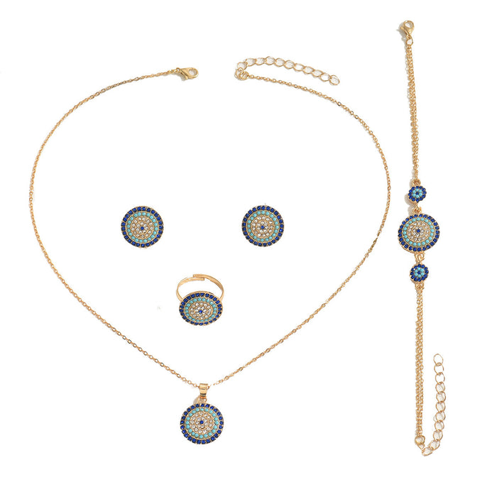 Cross-border European American Women Jewelry Set, Geometric Round Pendant Inlaid Cubic Zirconia, Beaded Bracelet & Adjustable Open Ring, Versatile Daily Neck Wrist Finger Accessories