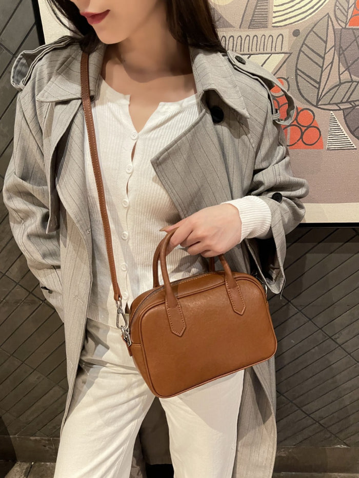 Cross-border Top-grain Leather Bowling Bag, Vintage And Simple Boston-style Small Handbag, Can Be Carried By Hand, Used For Commuting, Single Shoulder, Or Crossbody