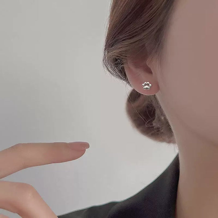 S999 Sterling Silver Cat Paw Print Stud Earrings For Women